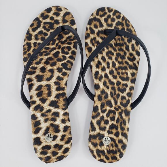 Leopard Print Flip Flops Womens 41 Size 10 Black Straps Sandals - Picture 6 of 9